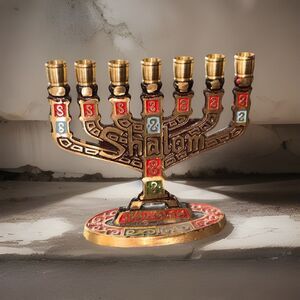 Vintage Solid Brass & Enamel 4” Menorah 7-Candle Shalom Jerusalem Judaica Israel